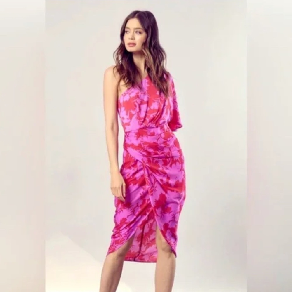 DO+BE Pink and Fuchsia One-Shoulder Floral Midi Dress